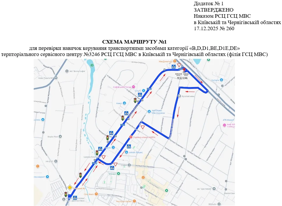 Офіційна схема екзаменаційного маршруту №1, ТСЦ МВС № 3246, Софіївська Борщагівка